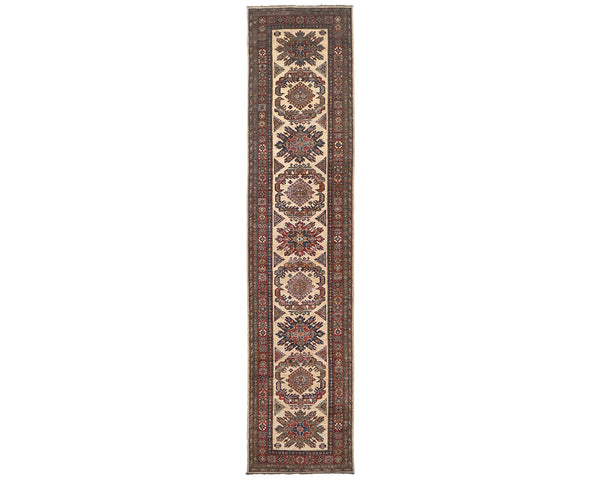 12 Feet Beige Kazak Afghan Hand Knotted Wool Runner Rug