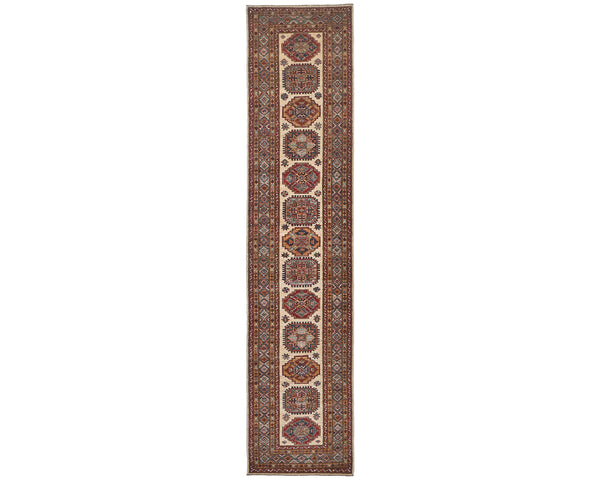 12 Feet Beige Kazak Afghan Hand Knotted Wool Runner Rug