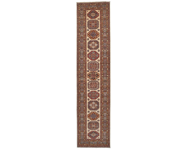 12 Feet Beige Kazak Afghan Hand Knotted Wool Runner Rug