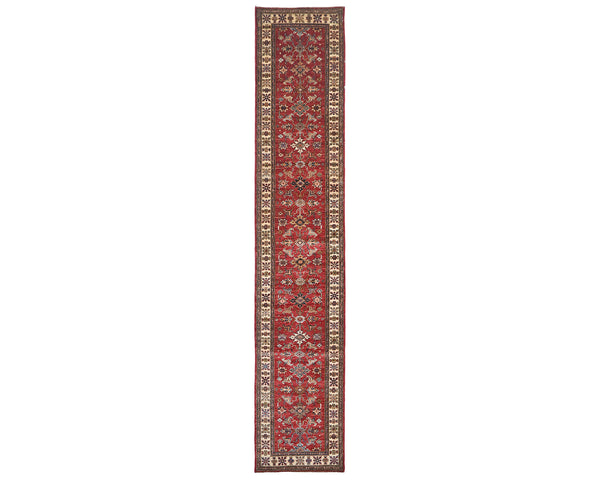 14 Feet Red Kazak Afghan Hand Knotted Wool Runner Rug