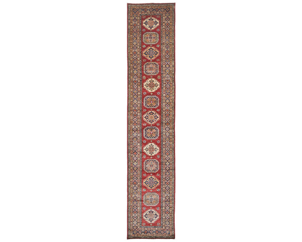 13 Feet Red Kazak Afghan Hand Knotted Wool Runner Rug