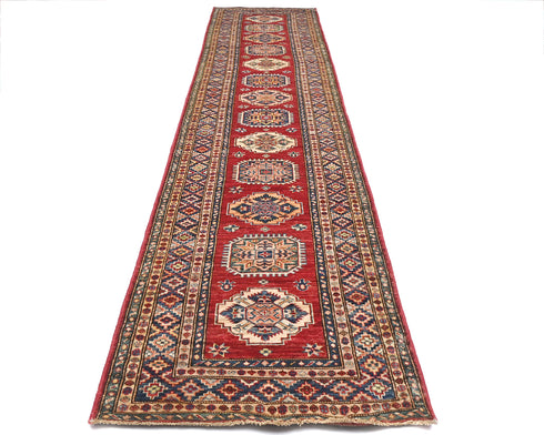 13 Feet Red Kazak Afghan Hand Knotted Wool Runner Rug