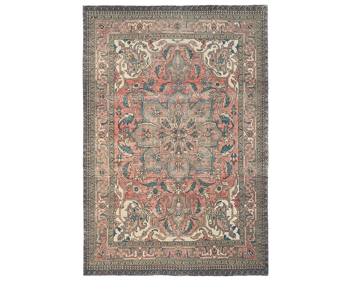 Alfombra de lana anudada a mano estilo persa terracota Heriz vintage de 7x10