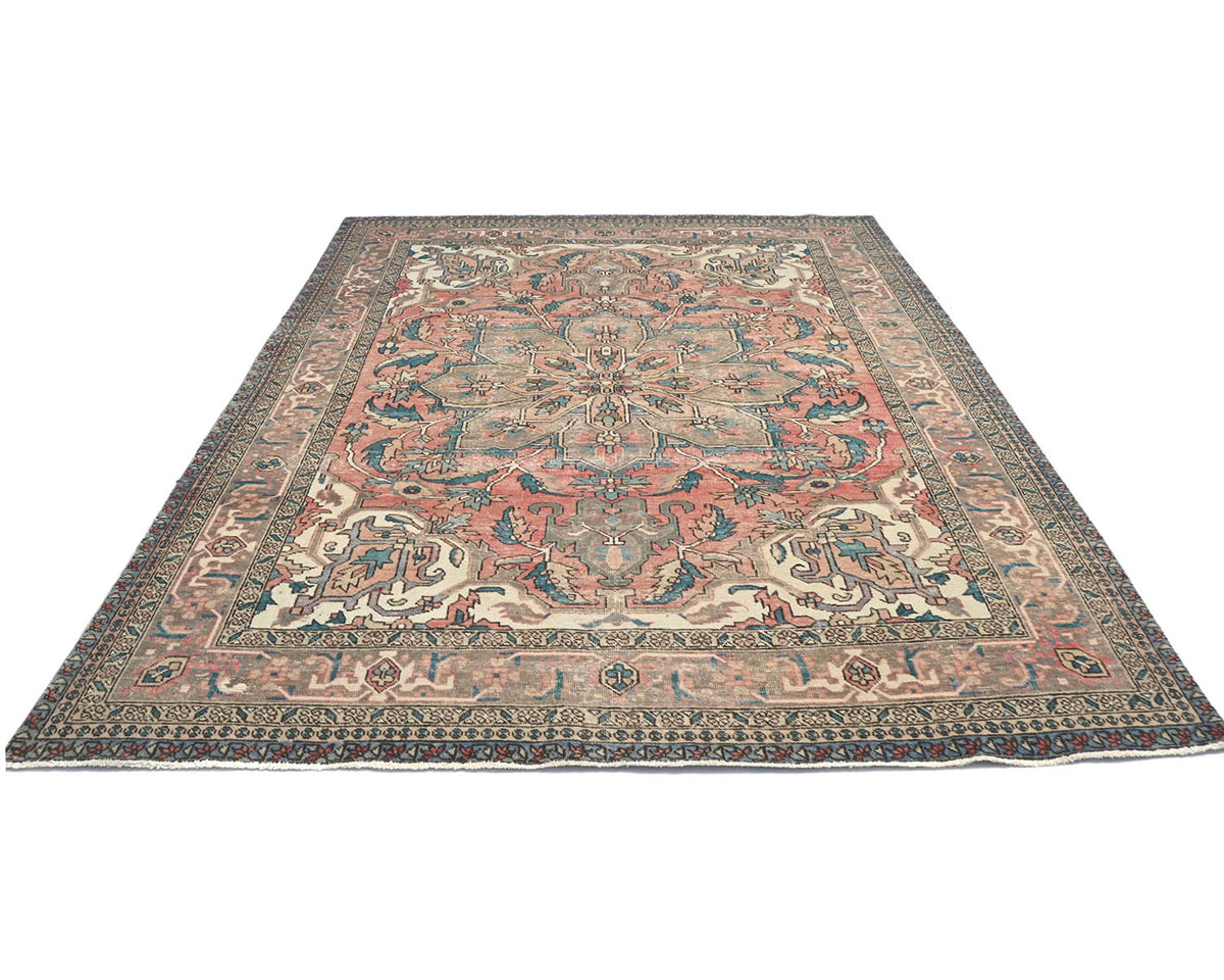 Alfombra de lana anudada a mano estilo persa terracota Heriz vintage de 7x10