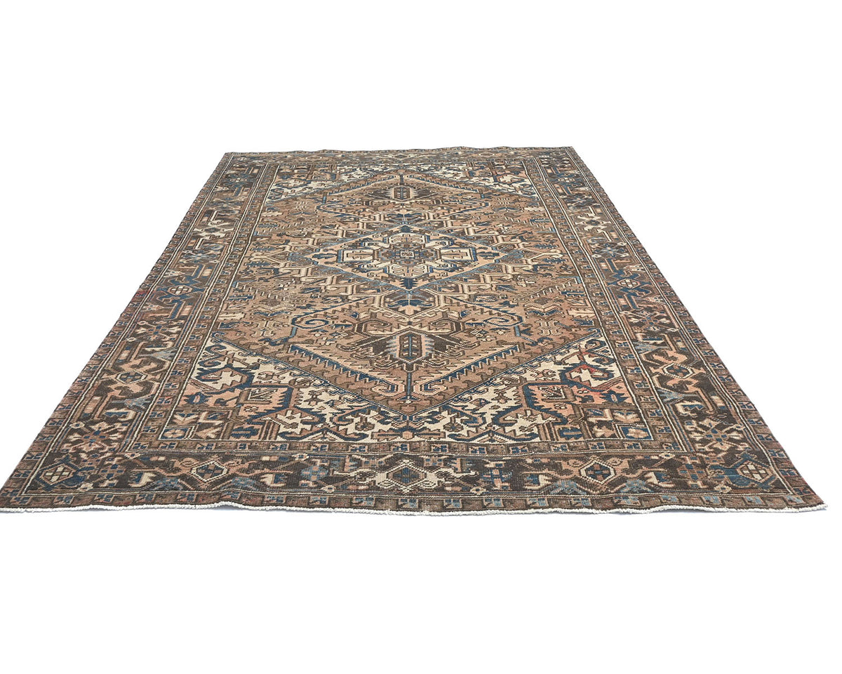 Alfombra de lana anudada a mano estilo persa vintage Heriz marrón de 7 x 10 pulgadas