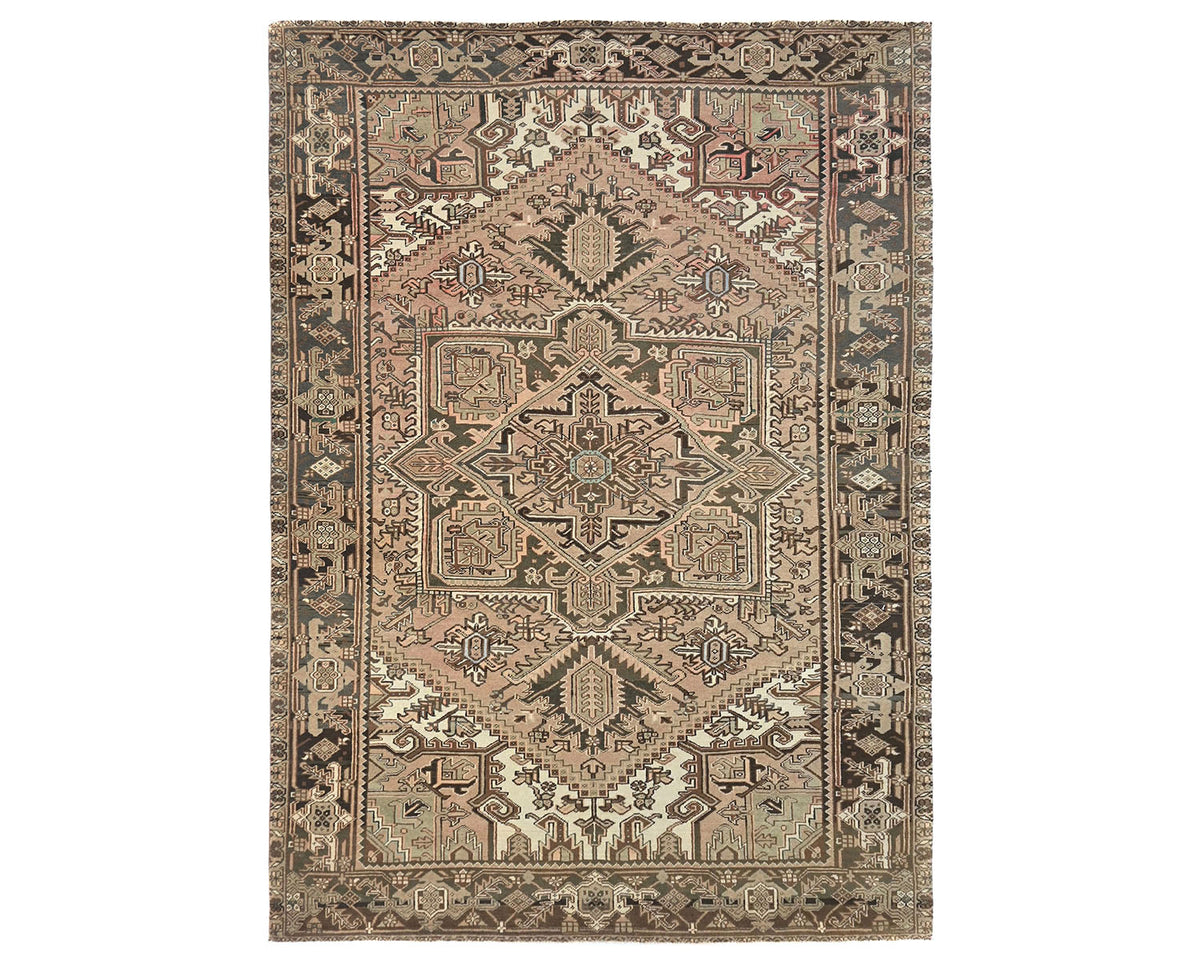 Alfombra de lana anudada a mano estilo persa vintage Heriz marrón de 8 x 11