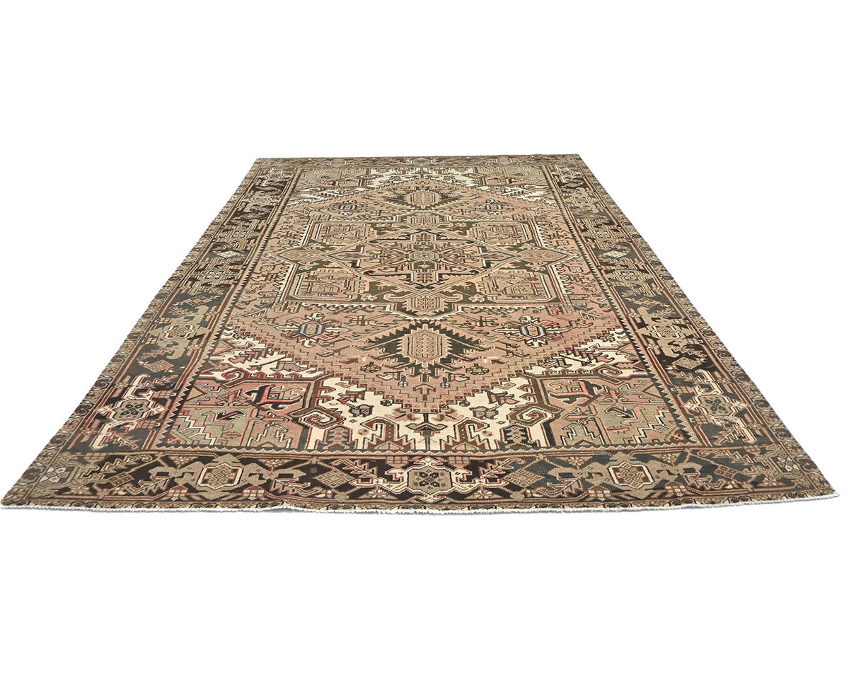 Alfombra de lana anudada a mano estilo persa vintage Heriz marrón de 8 x 11