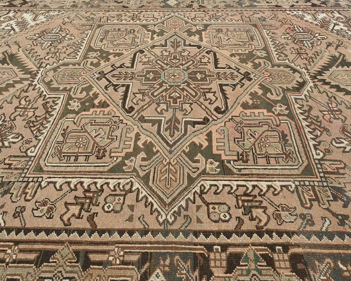 Alfombra de lana anudada a mano estilo persa vintage Heriz marrón de 8 x 11