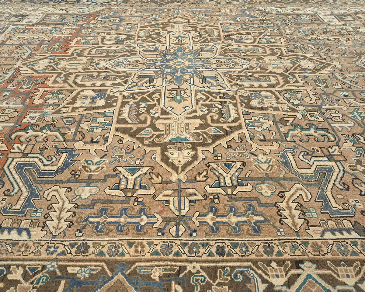 Alfombra de lana anudada a mano estilo persa vintage Heriz marrón de 9 x 12 pulgadas