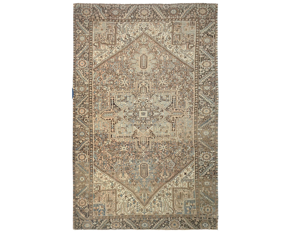 Alfombra de lana anudada a mano estilo persa vintage Heriz marrón de 10 x 13