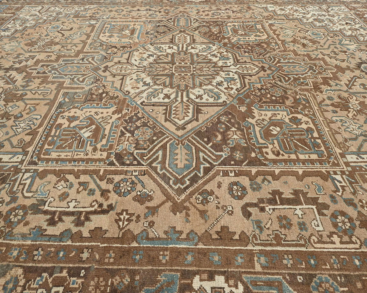 Alfombra de lana anudada a mano estilo persa vintage Heriz marrón de 9 x 12 pulgadas