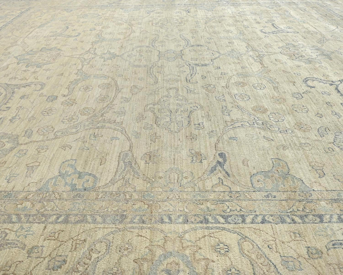 Alfombra cuadrada de lana anudada a mano afgana beige Zeigler de 14 x 14 pulgadas
