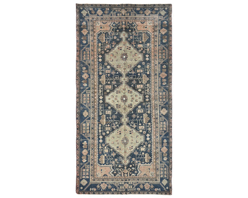 5x11 Vintage Blue Persian Style Hand Knotted Low Pile Wool Area Rug