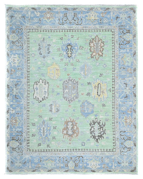 Green Blue 8x10 Ft Oushak Turkish Hand Knotted Traditional Veg Dye Wool Area Rug