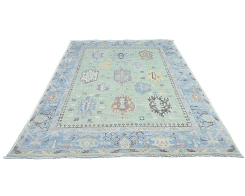 Green Blue 8x10 Ft Oushak Turkish Hand Knotted Traditional Veg Dye Wool Area Rug