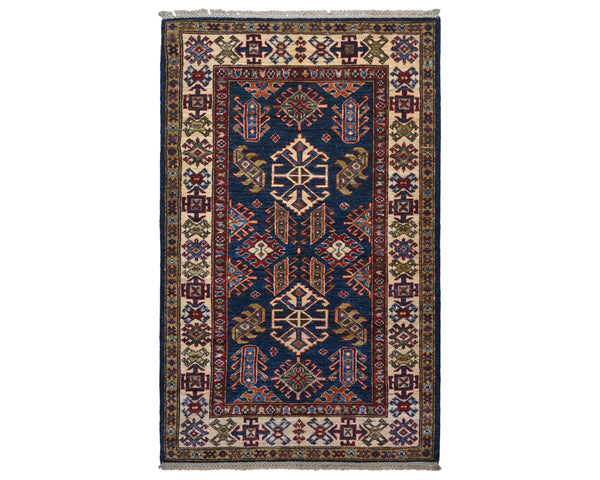 3x5 Kazak Blue Afghan Hand Knotted Traditional Wool Area Rug