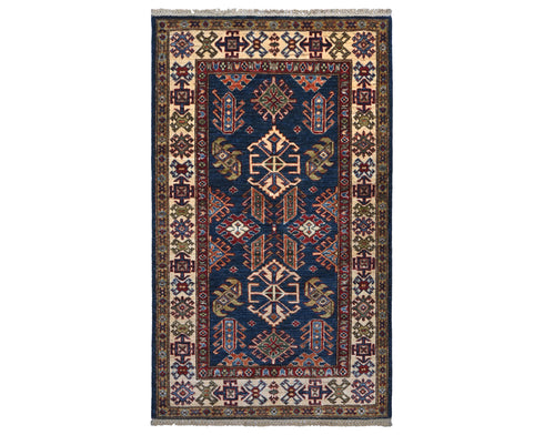 Blue 3x5 Kazak Afghan Hand Knotted Geometric Wool Area Rug