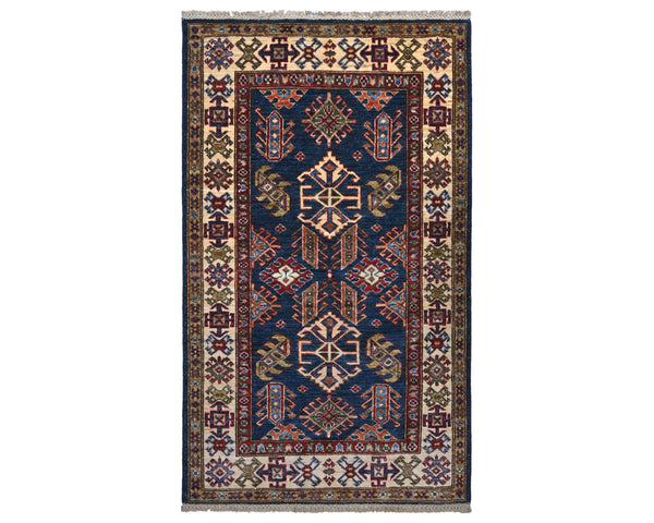 Blue 3x5 Kazak Afghan Hand Knotted Geometric Wool Area Rug