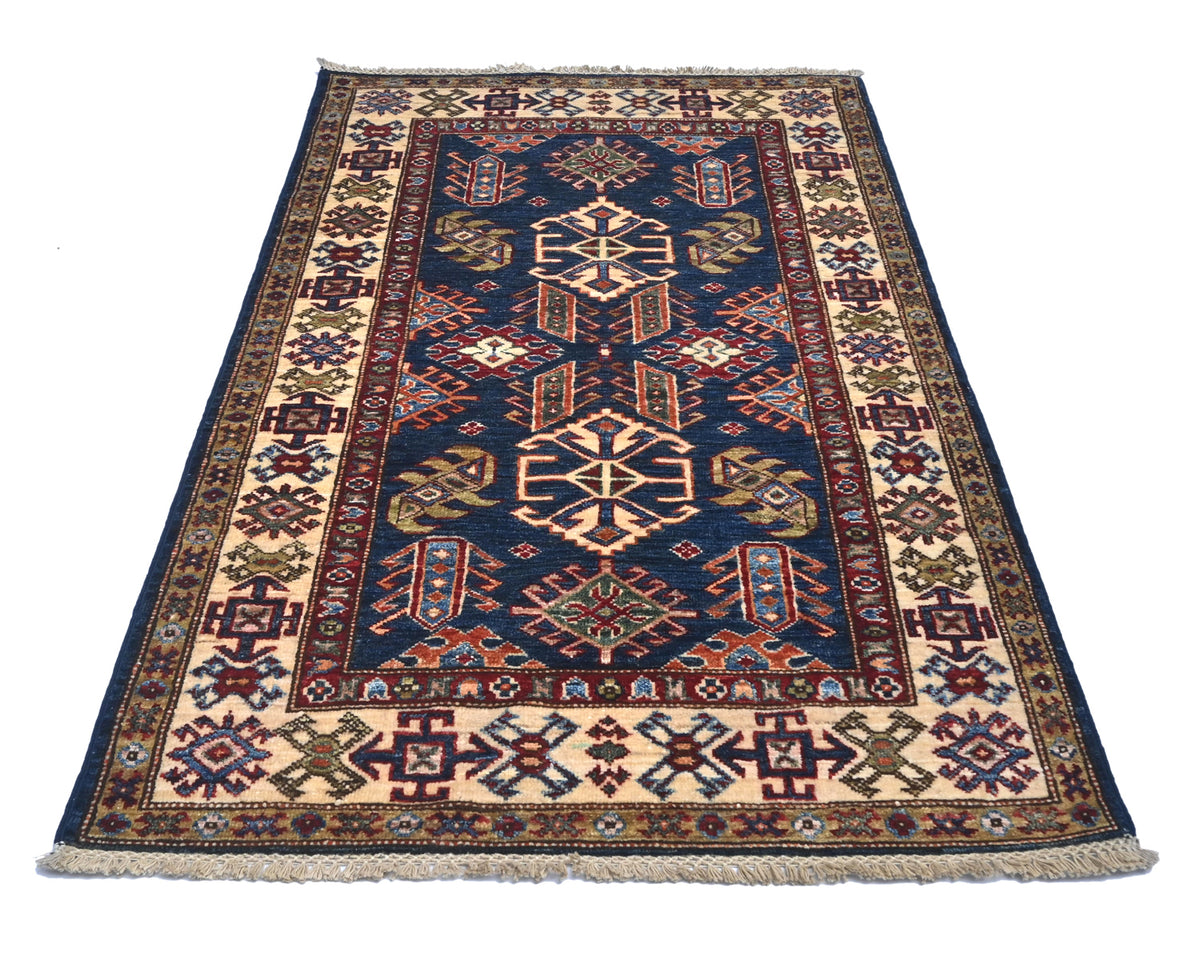 Blue 3x5 Kazak Afghan Hand Knotted Geometric Wool Area Rug