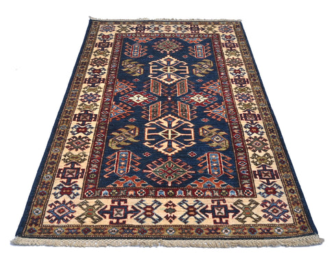 Blue 3x5 Kazak Afghan Hand Knotted Geometric Wool Area Rug