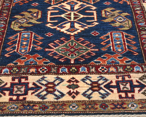 Blue 3x5 Kazak Afghan Hand Knotted Geometric Wool Area Rug