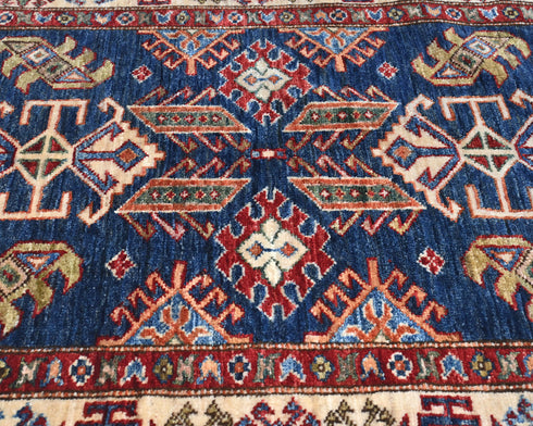 Blue 3x5 Kazak Afghan Hand Knotted Geometric Wool Area Rug