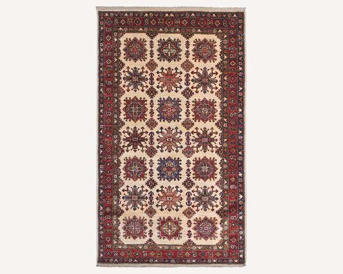 Beige 4x6 Kazak Afghan Hand Knotted Geometric Wool Area Rug