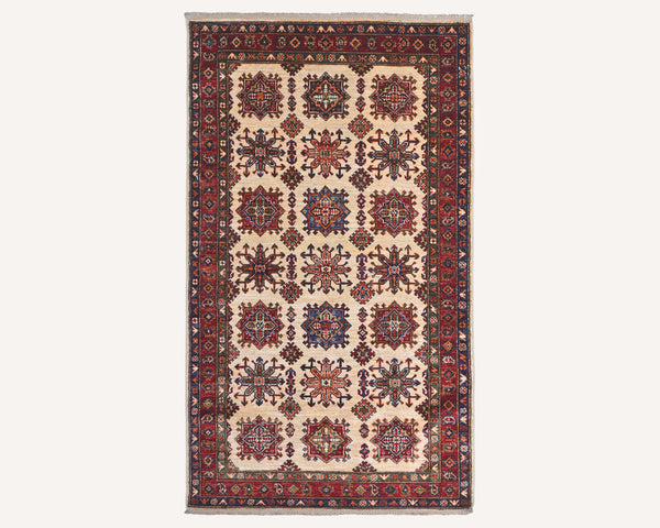 Beige 4x6 Kazak Afghan Hand Knotted Geometric Wool Area Rug