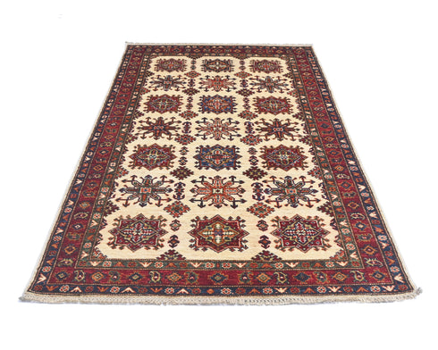 Beige 4x6 Kazak Afghan Hand Knotted Geometric Wool Area Rug