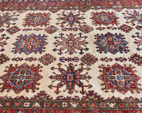Beige 4x6 Kazak Afghan Hand Knotted Geometric Wool Area Rug