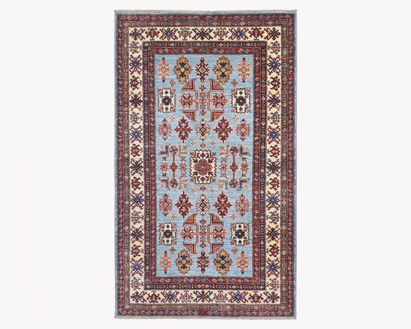 4x6 Light Blue Kazak Afghan Hand Knotted Geometric Wool Area Rug