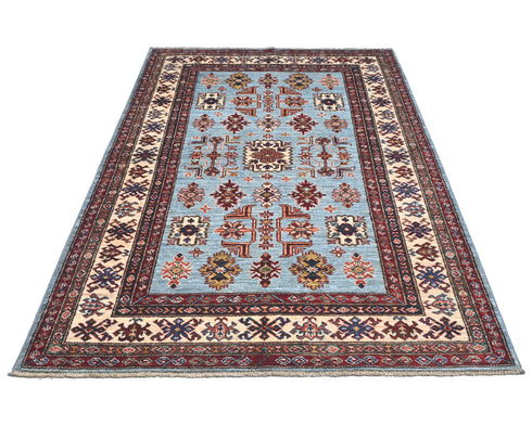 4x6 Light Blue Kazak Afghan Hand Knotted Geometric Wool Area Rug