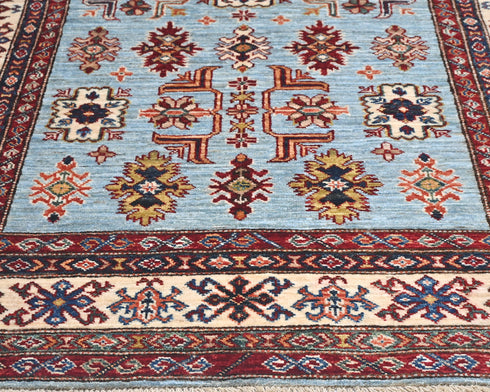 4x6 Light Blue Kazak Afghan Hand Knotted Geometric Wool Area Rug