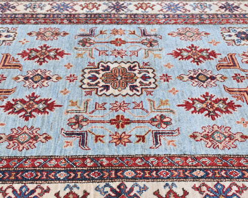 4x6 Light Blue Kazak Afghan Hand Knotted Geometric Wool Area Rug