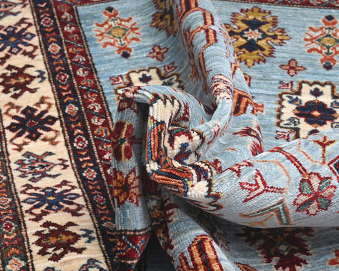 4x6 Light Blue Kazak Afghan Hand Knotted Geometric Wool Area Rug