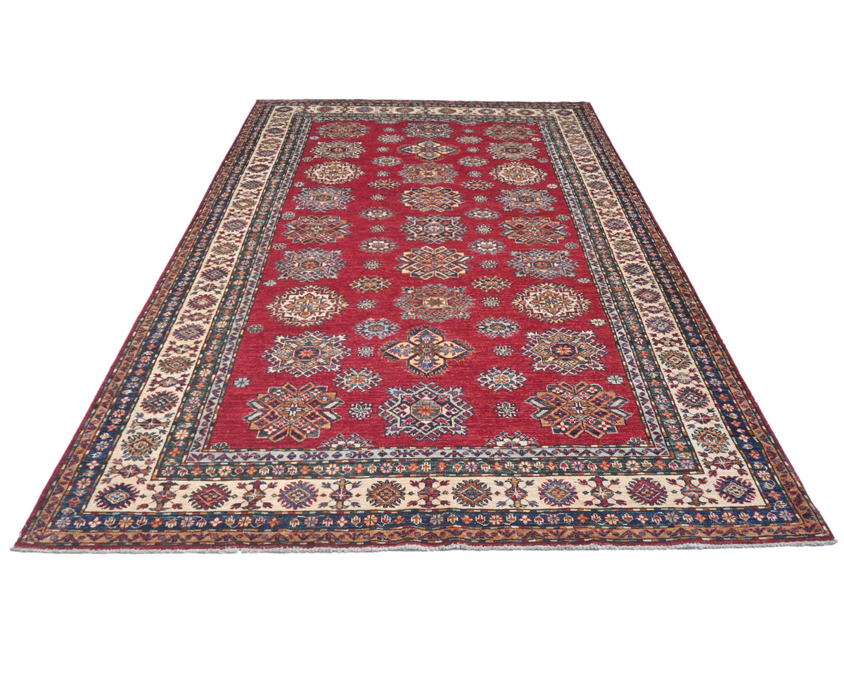 Alfombra afgana kazaja roja de 6x9 pulgadas, anudada a mano, de lana geométrica