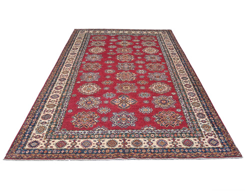 Red 6x9 Kazak Afghan Hand Knotted Geometric Wool Area Rug
