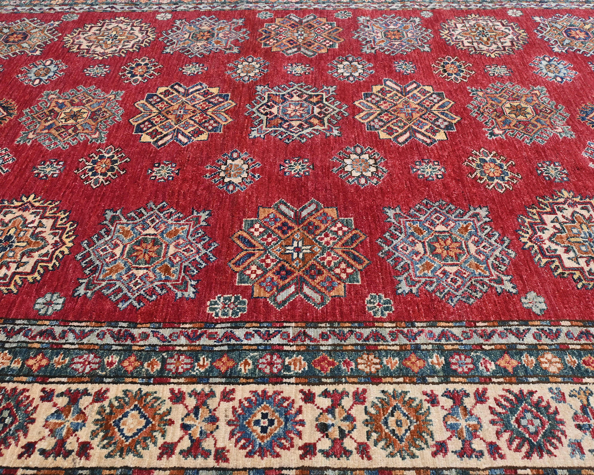 Alfombra afgana kazaja roja de 6x9 pulgadas, anudada a mano, de lana geométrica