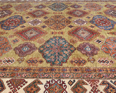 9x12 Golden Brown Kazak Afghan Hand Knotted Traditional Wool Area Rug
