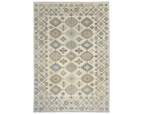 Beige 9x12 Ft Kazak Afghan Hand Knotted Geometric Wool Area Rug