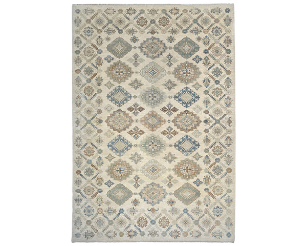 Beige 9x12 Ft Kazak Afghan Hand Knotted Geometric Wool Area Rug