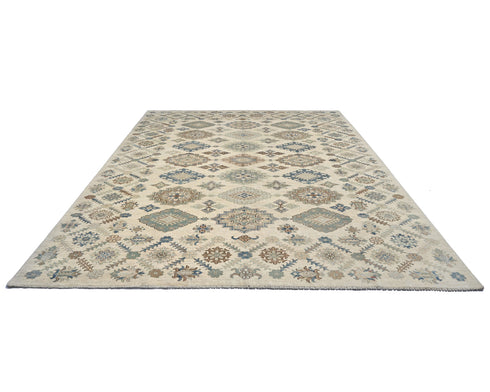 Beige 9x12 Ft Kazak Afghan Hand Knotted Geometric Wool Area Rug