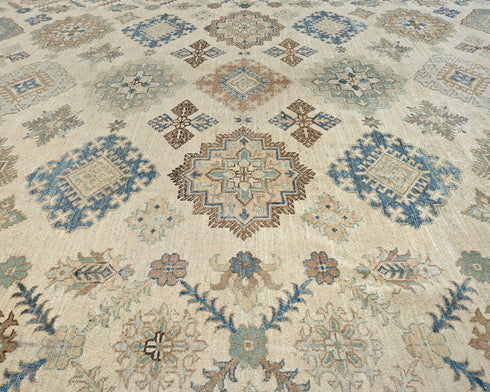 Beige 9x12 Ft Kazak Afghan Hand Knotted Geometric Wool Area Rug