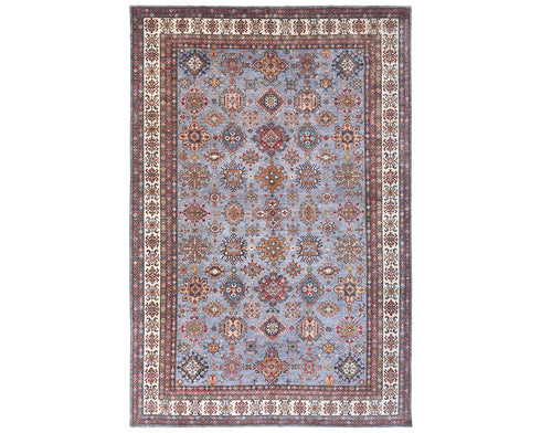 Gray 9x12 Kazak Afghan Hand Knotted Geometric Wool Area Rug