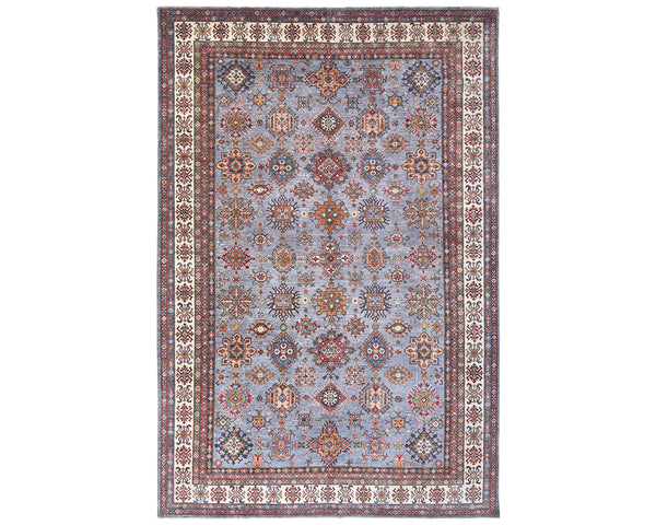 Gray 9x12 Kazak Afghan Hand Knotted Geometric Wool Area Rug