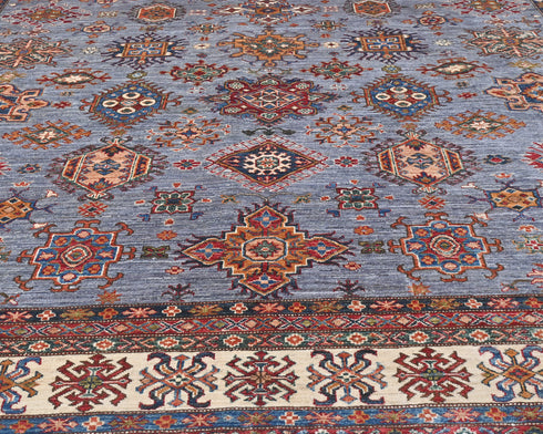 Gray 9x12 Kazak Afghan Hand Knotted Geometric Wool Area Rug