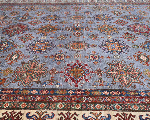 Gray 9x12 Kazak Afghan Hand Knotted Geometric Wool Area Rug