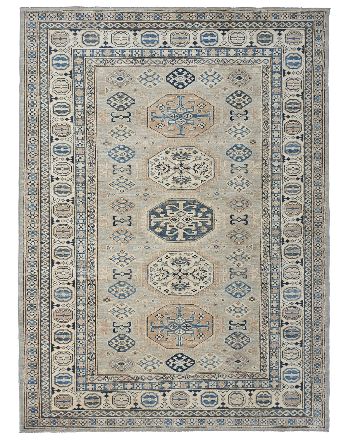 6x9 Kazak Gray Afghan Hand Knotted Geometric Wool Area Rug