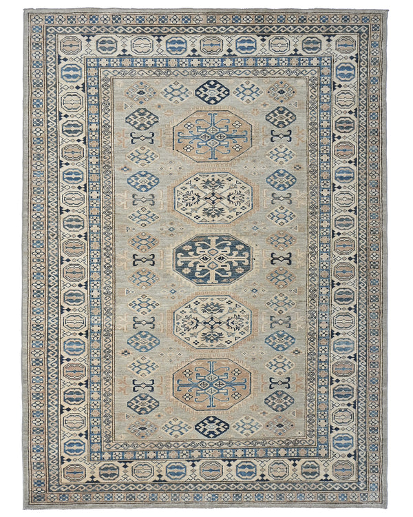6x9 Kazak Gray Afghan Hand Knotted Geometric Wool Area Rug