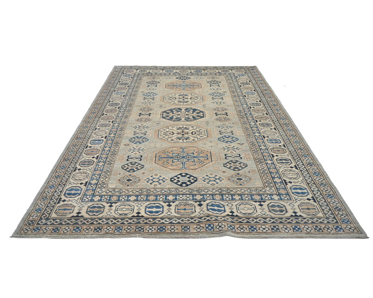6x9 Kazak Gray Afghan Hand Knotted Geometric Wool Area Rug